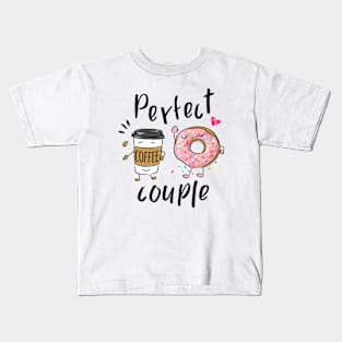 perfect couple slogan with cartoon coffee cup and donuts Kids T-Shirt